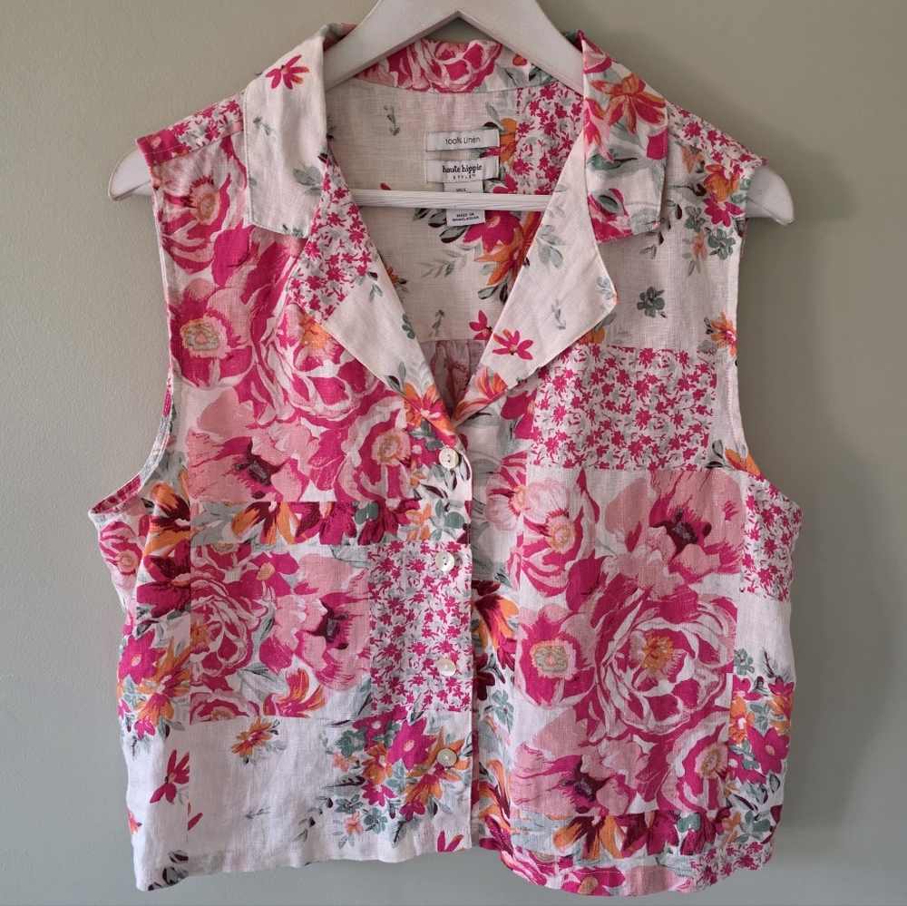 Haute Hippie Pink Floral Linen Cropped Vest Top – Size Large